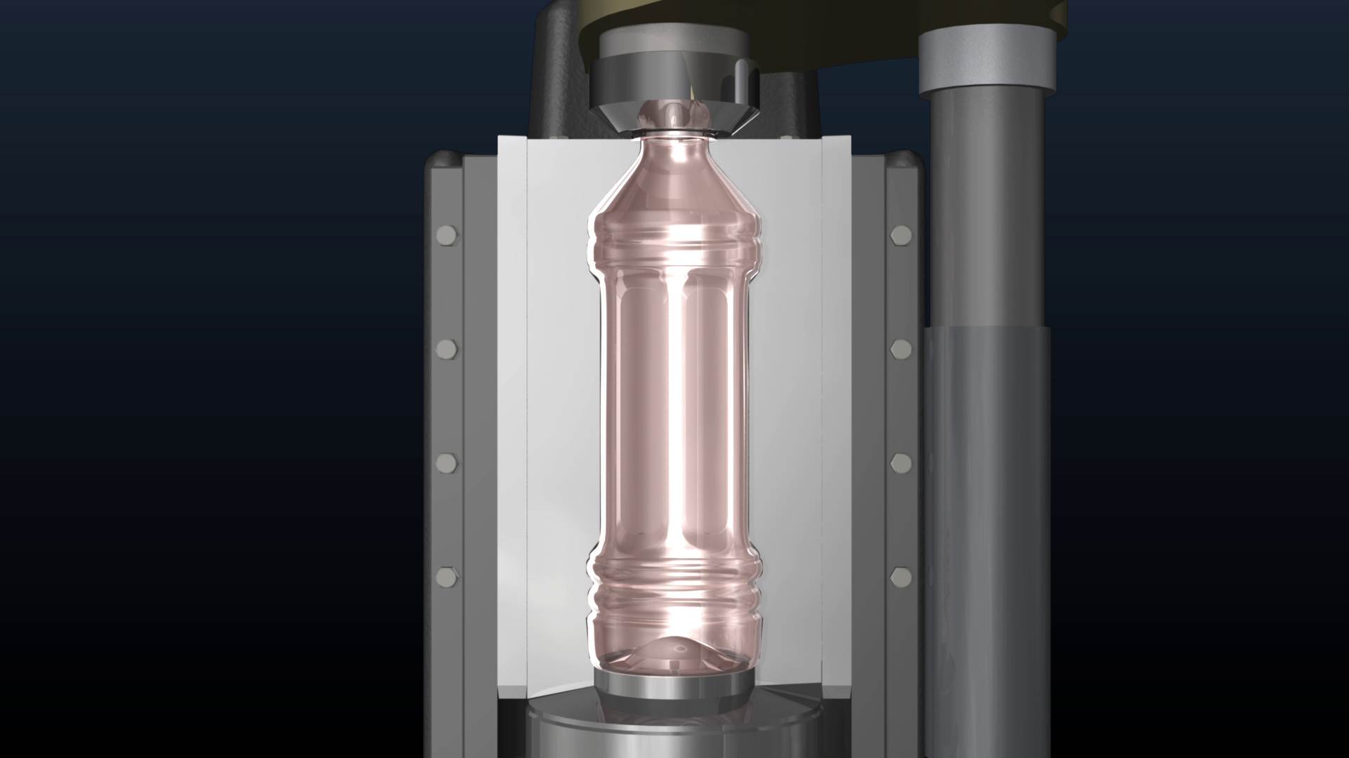 Blow-molding station: sterile-air inflation turns preforms into bottles.