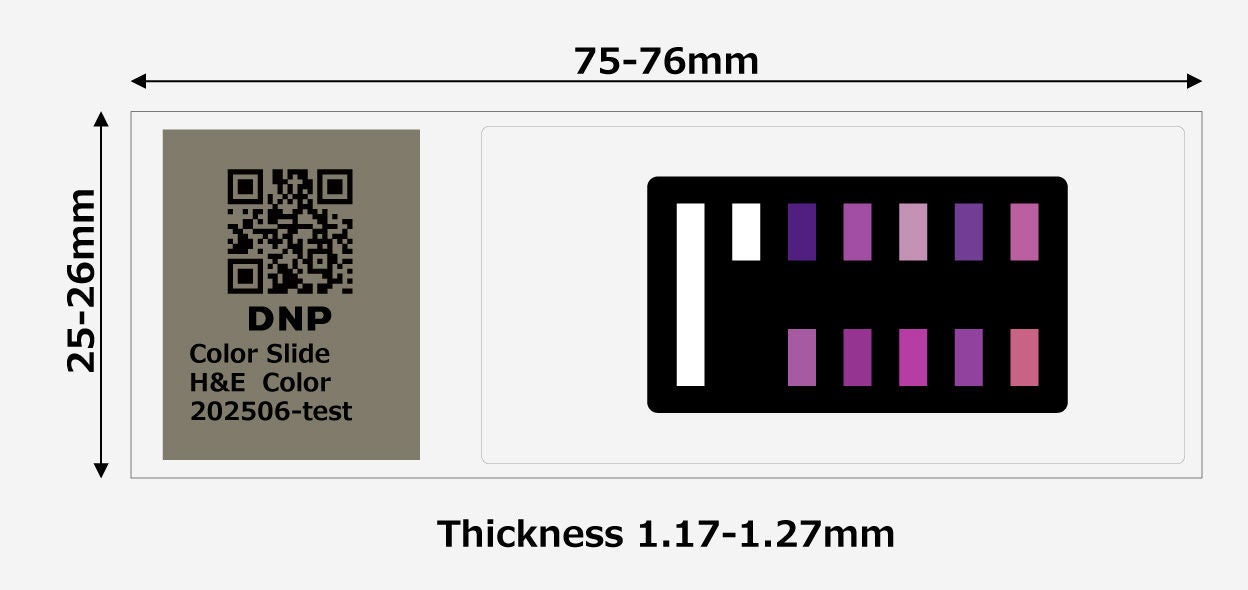 Overall dimensions of the DNP Color Chart Slides: Length, 75-76 mm; Width, 25-26 mm; Thickness, 1.17-1.27 mm.