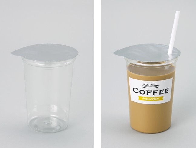 Transparent aseptic PET cup with lidding film shown empty and filled with coffee, illustrating the finished product.