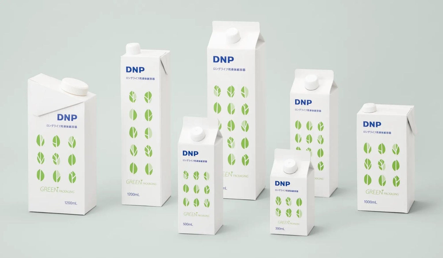 Group of DNP's liquid packaging cartons in various sizes illustrating sustainable paper-based packaging