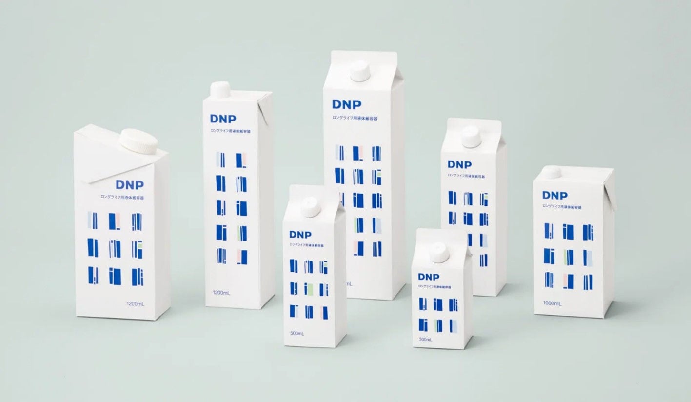 Group of DNP's gable-top, flat-top and slant-top liquid packaging cartons in various sizes from 200 ml to 3000 ml