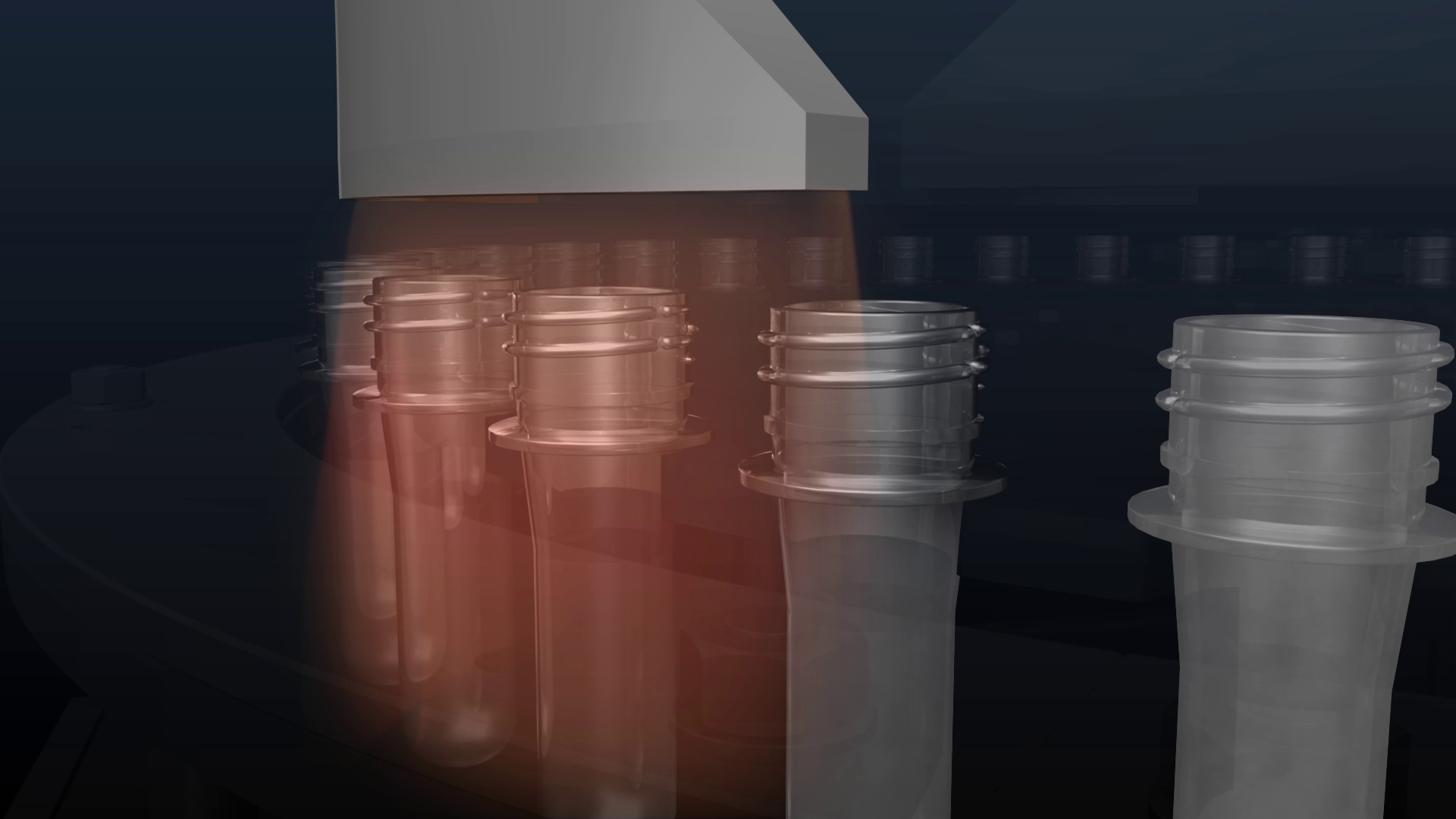 Second wheel of preform sterilizer: sterile hot air blows off residual hydrogen peroxide from preforms.