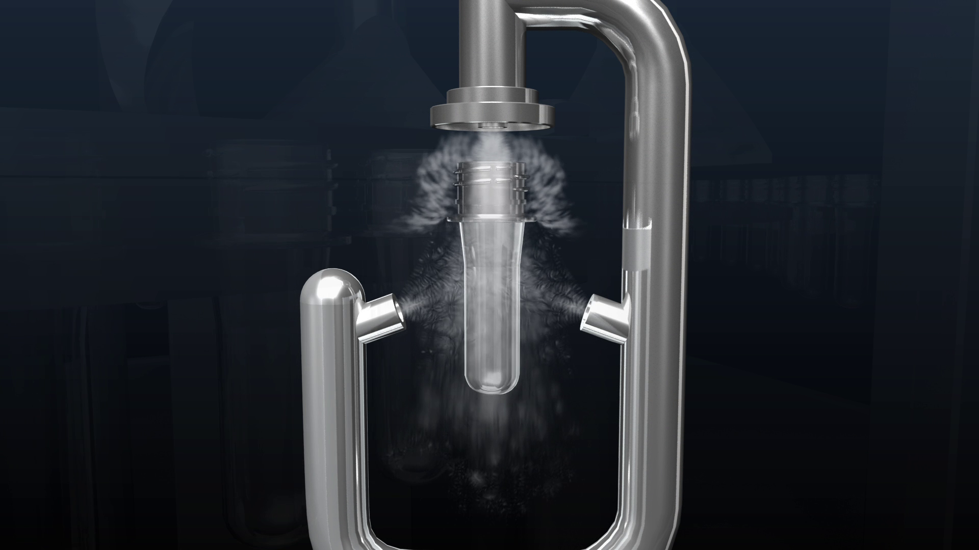 First wheel of preform sterilizer: hydrogen-peroxide mist sprayed on inner and outer surfaces.