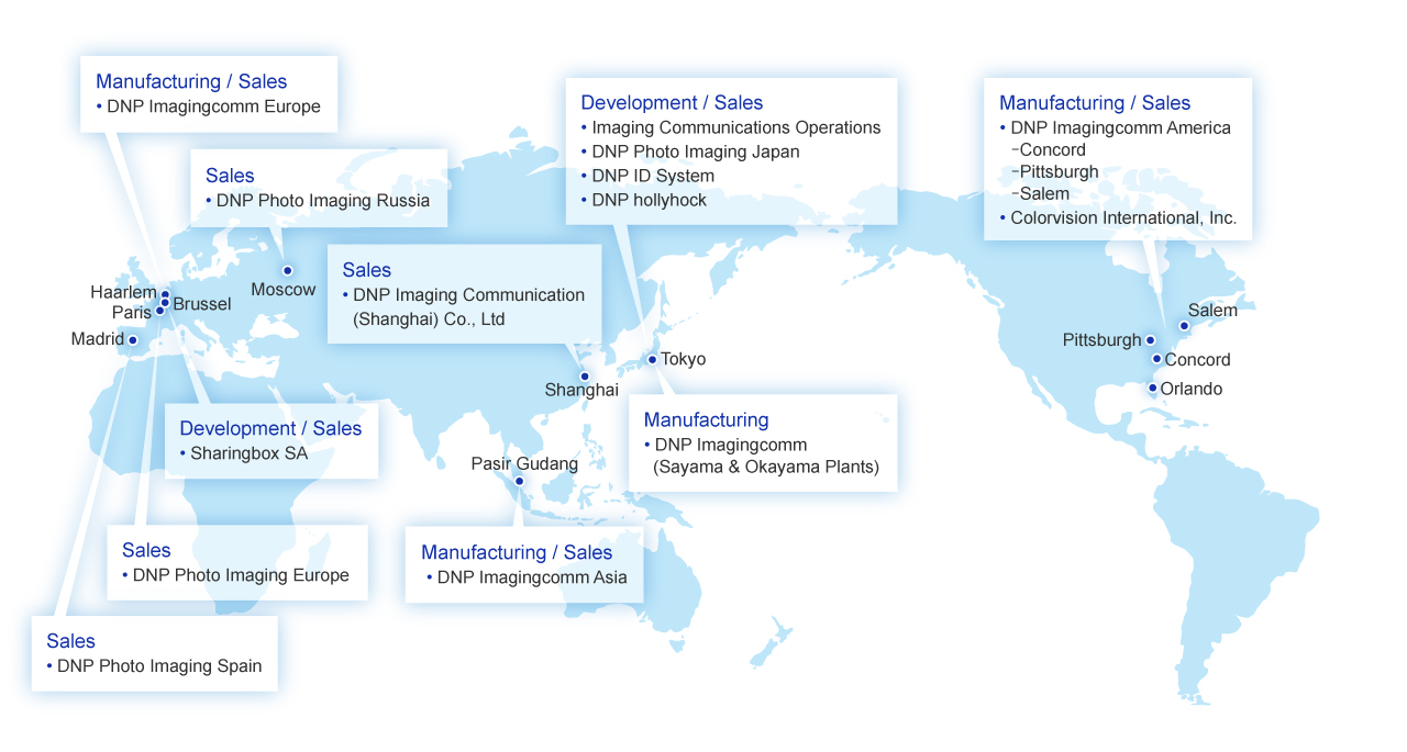 This is an image of manufacturing and sales bases in Japan, North America, Europe, and Asia mapped on a world map.