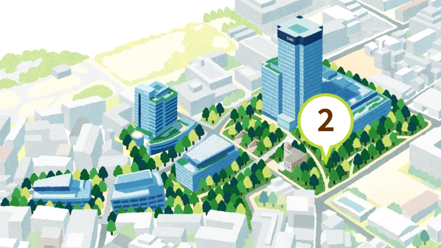 ②武蔵野の雑木林を再現の場所を示す、DNP本社ビルと市谷の杜のイラスト