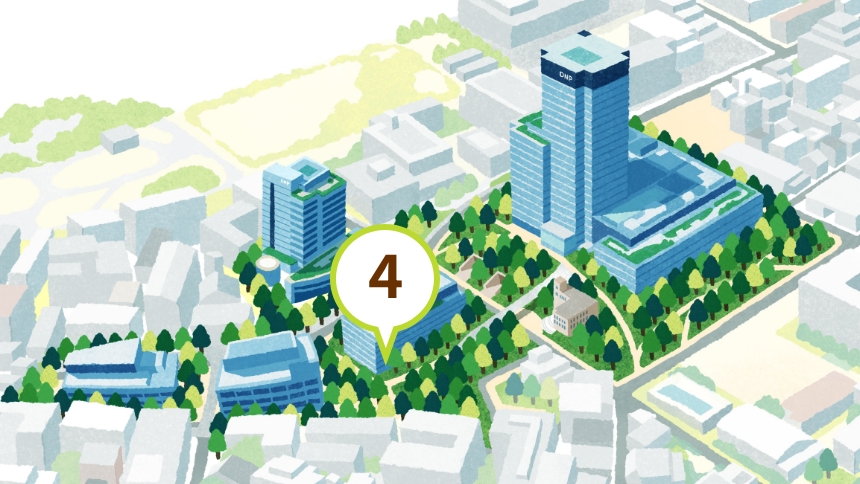 ④自生したクサギの場所を示す、DNP本社ビルと市谷の杜のイラスト