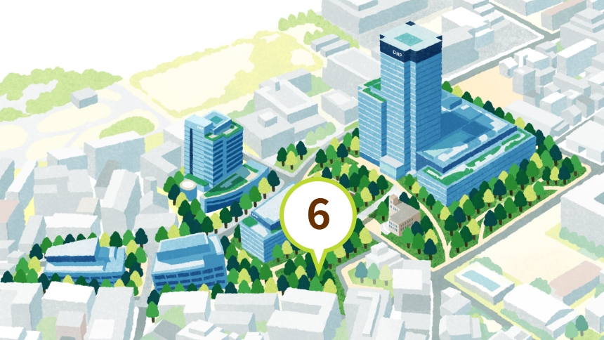 ⑥ススキの場所を示す、DNP本社ビルと市谷の杜のイラスト