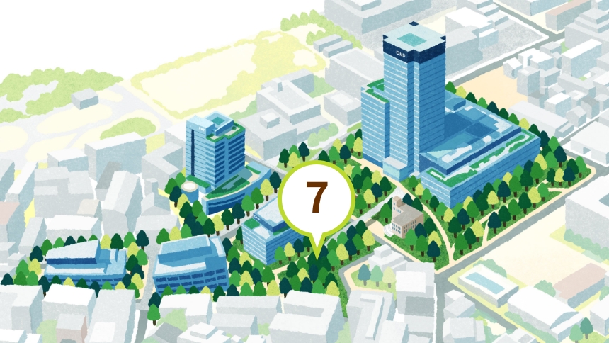 ⑦野鳥の営巣の場所を示す、DNP本社ビルと市谷の杜のイラスト