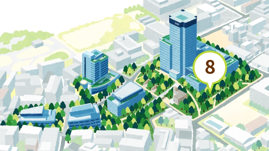 ⑧緑地から排出されたものは緑地に返すの場所を示す、DNP本社ビルと市谷の杜のイラスト