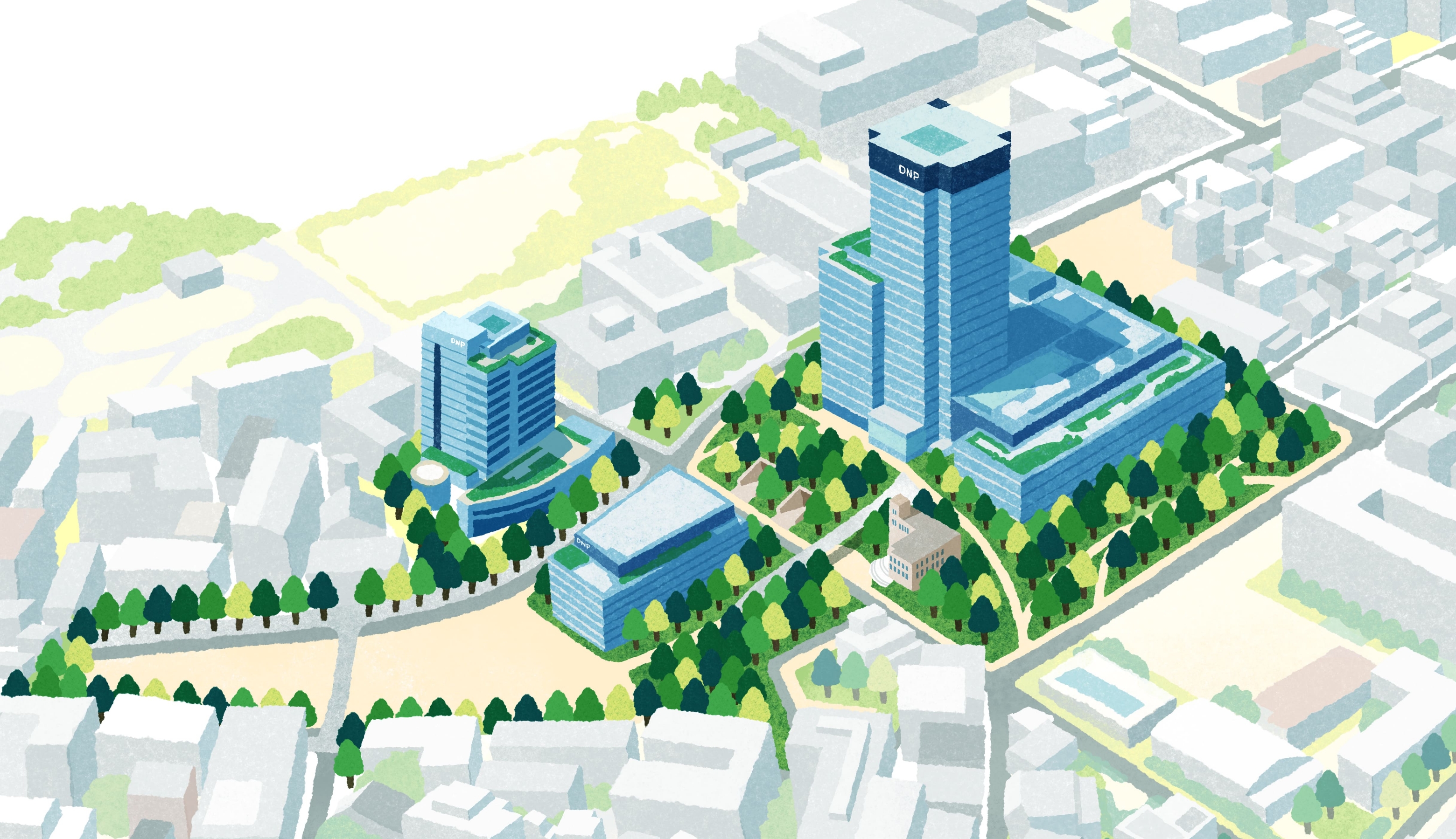 DNP本社ビルと市谷の杜のイラスト