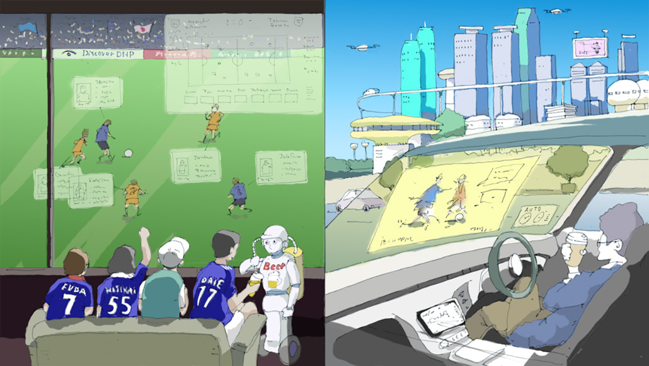 Illustrations depicting a future where transparent screen technology will have advanced