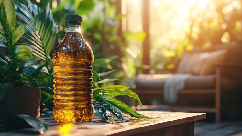 A photo of cold, ready-to-drink tea in a PET bottle placed on a table in a courtyard surrounded by houseplants.