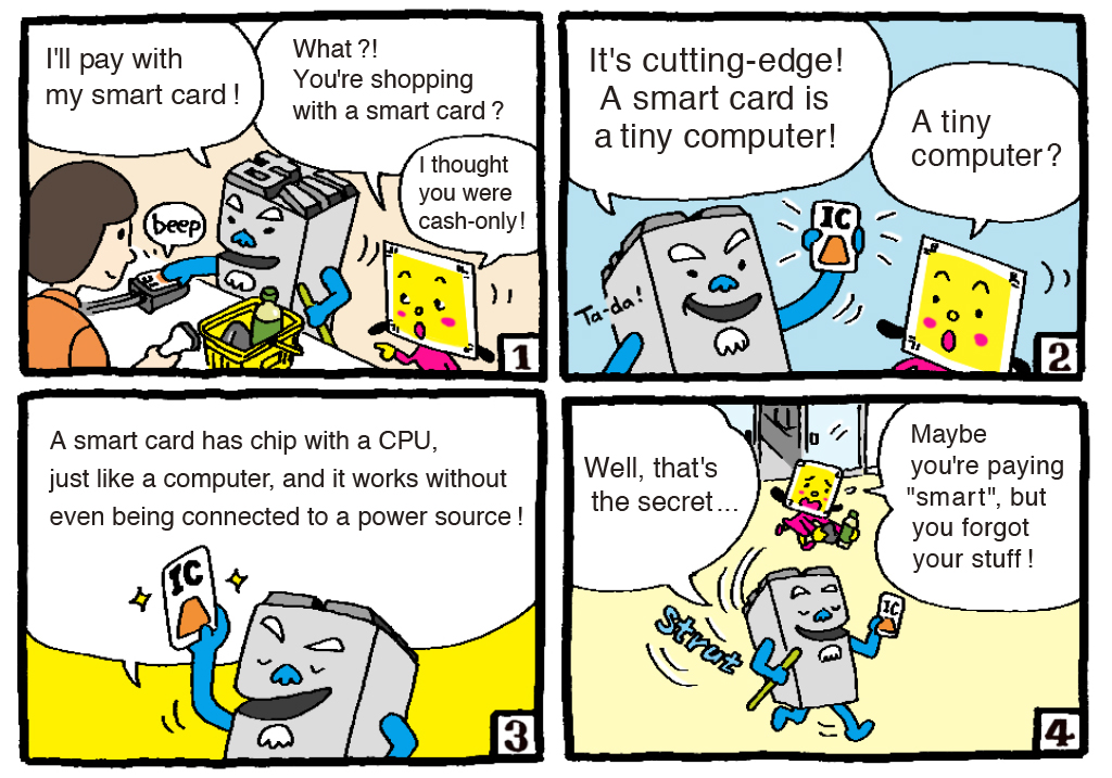 A four-panel comic strip featuring Tombo-chan and Katsujii. It introduces how you can shop using a smart card.
