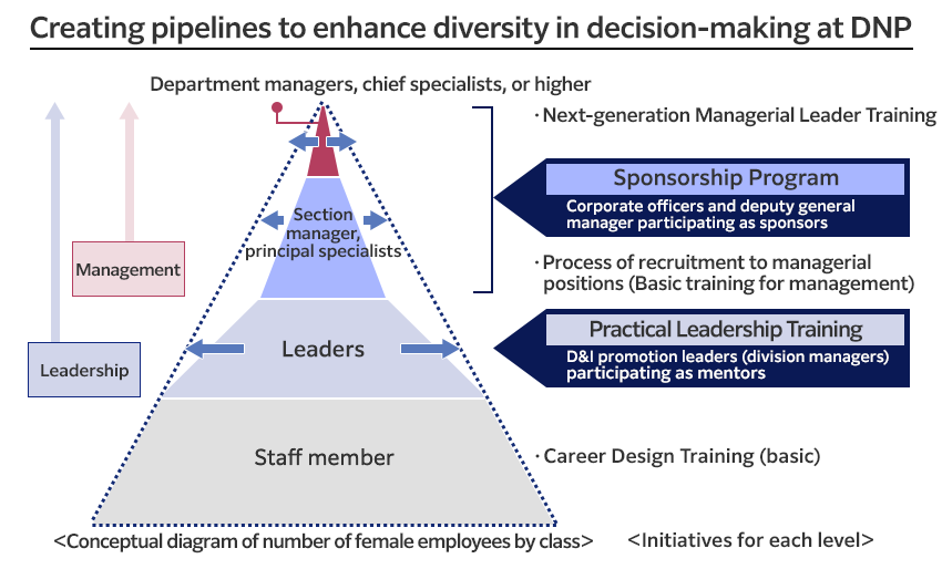 This figure shows the creation of a pipeline to higher positions as a way to increase diversity in decision-making. We are creating the pipeline, for example through practical leadership training for the leader class females and a Sponsorship Program for female section and department managers.